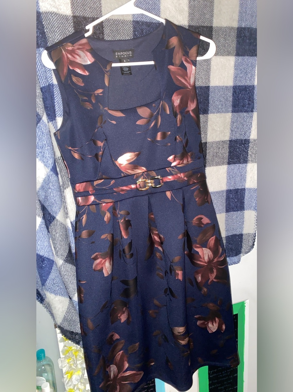 Enfocus Studio Navy Dress with Rose Floral Print and Belt